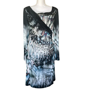 Ken Unger Dress Size 12 Watercolor Long Sleeve Luxury Lined Black Gray Blue NEW